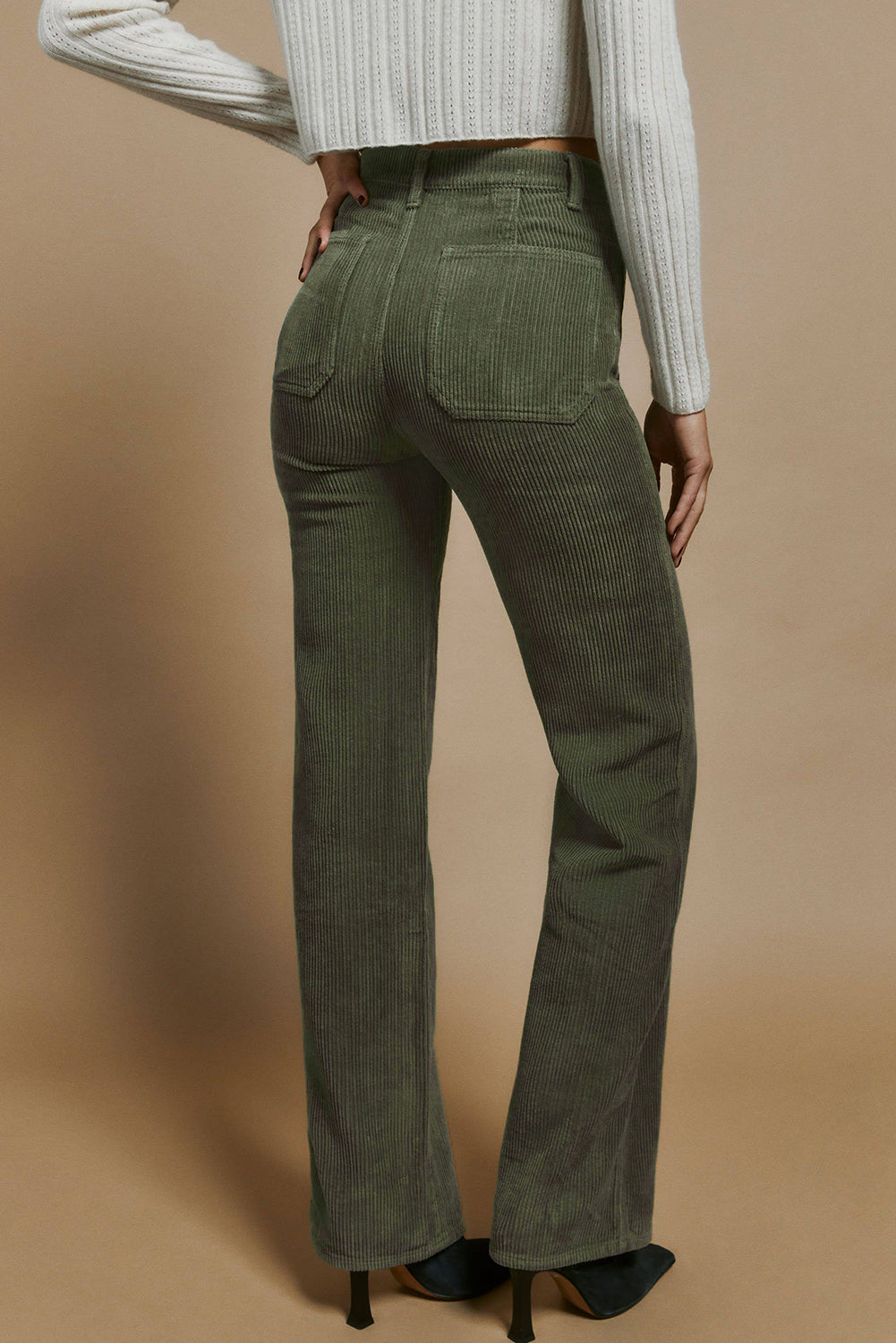 Green High Waist Square Pockets Corduroy Pants