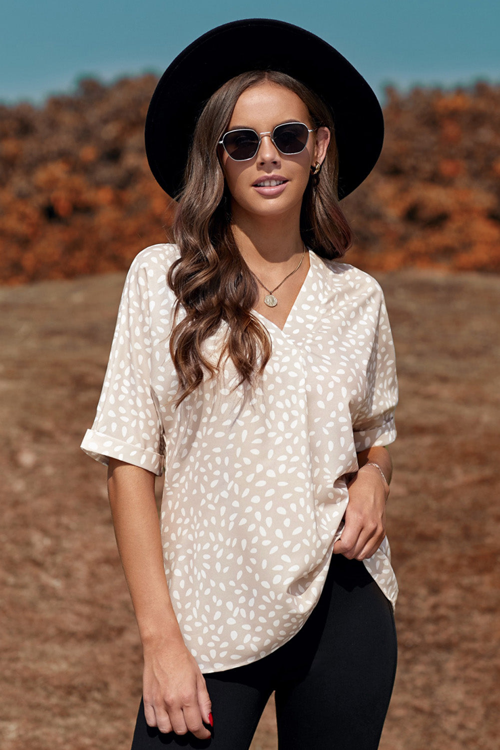 Apricot Animal Print V-neck Rolled Sleeve Tunic Top