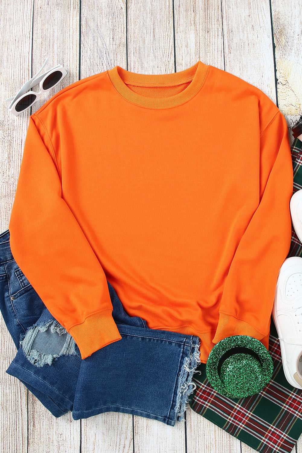 Orange Plain Crew Neck Pullover Sweatshirt