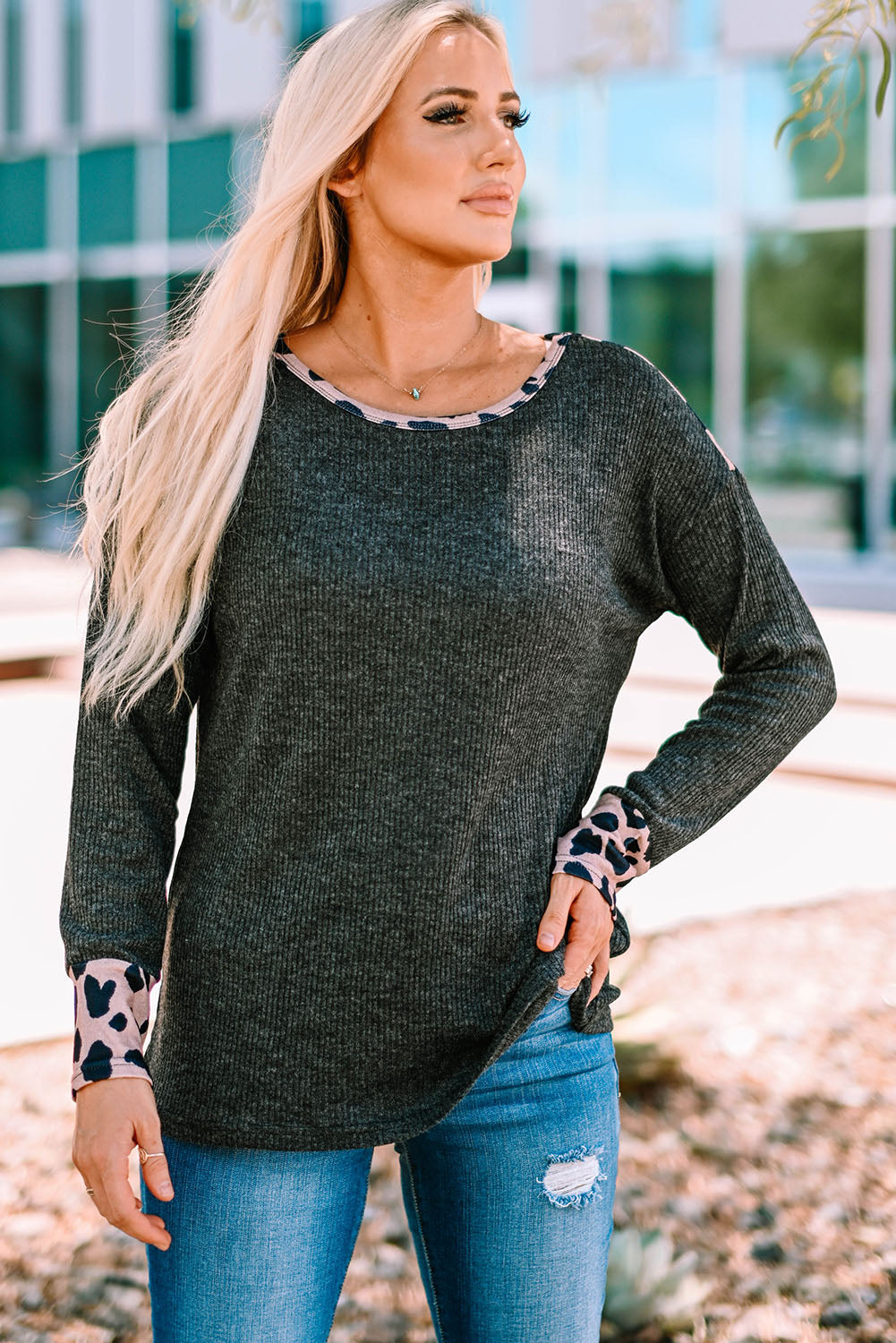 Black Leopard Contrast Trim Knit Top