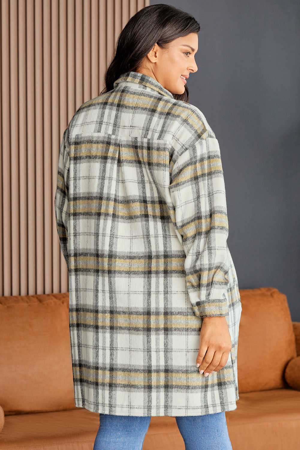 Multicolor Plus Size Plaid Pocketed Side Slit Shacket