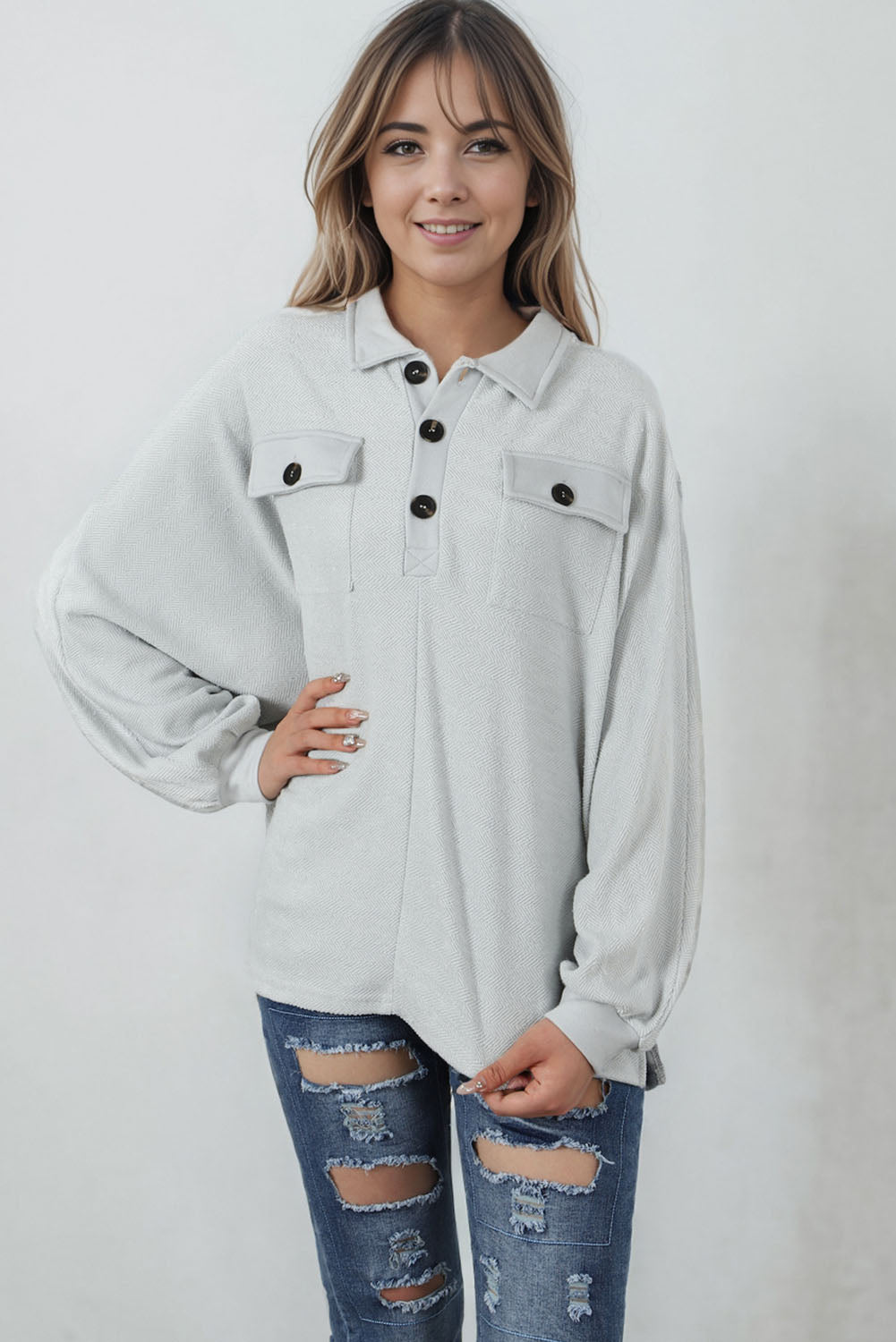 Gray Oversized Flap Pockets Button Collared Sweatshirt