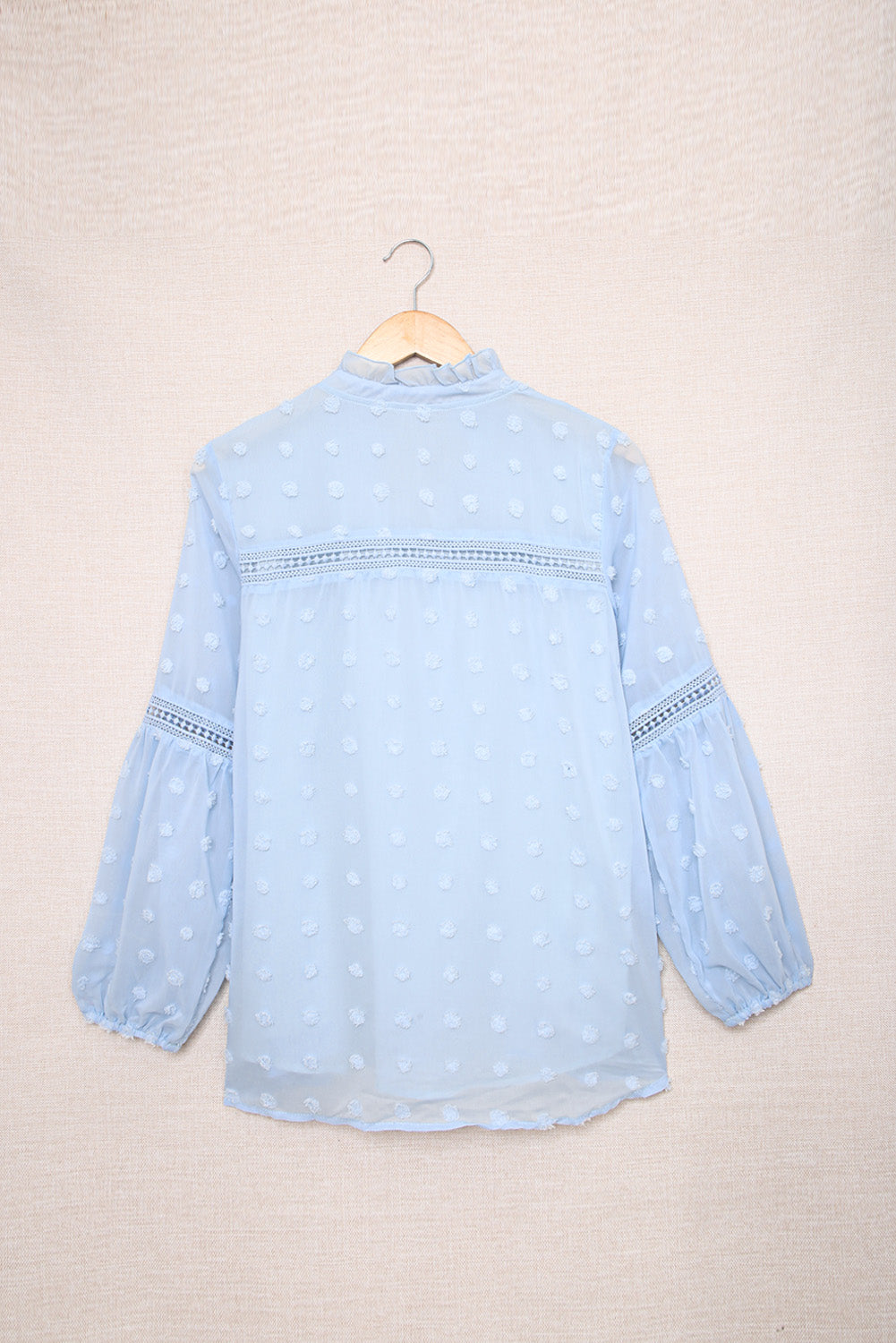 Blue Ruffled Split Neck Lace Hollow Out Puff Sleeve Polka Dot Blouse