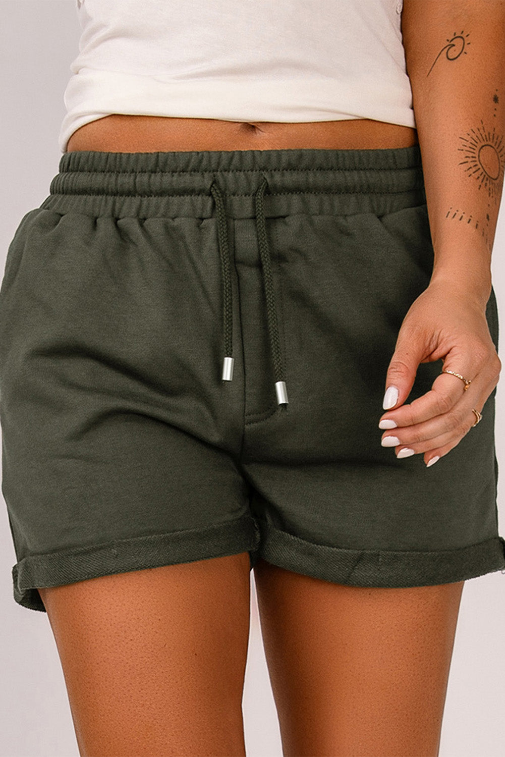 Green Tie Waist Side Pockets Cuffed Lounge Shorts