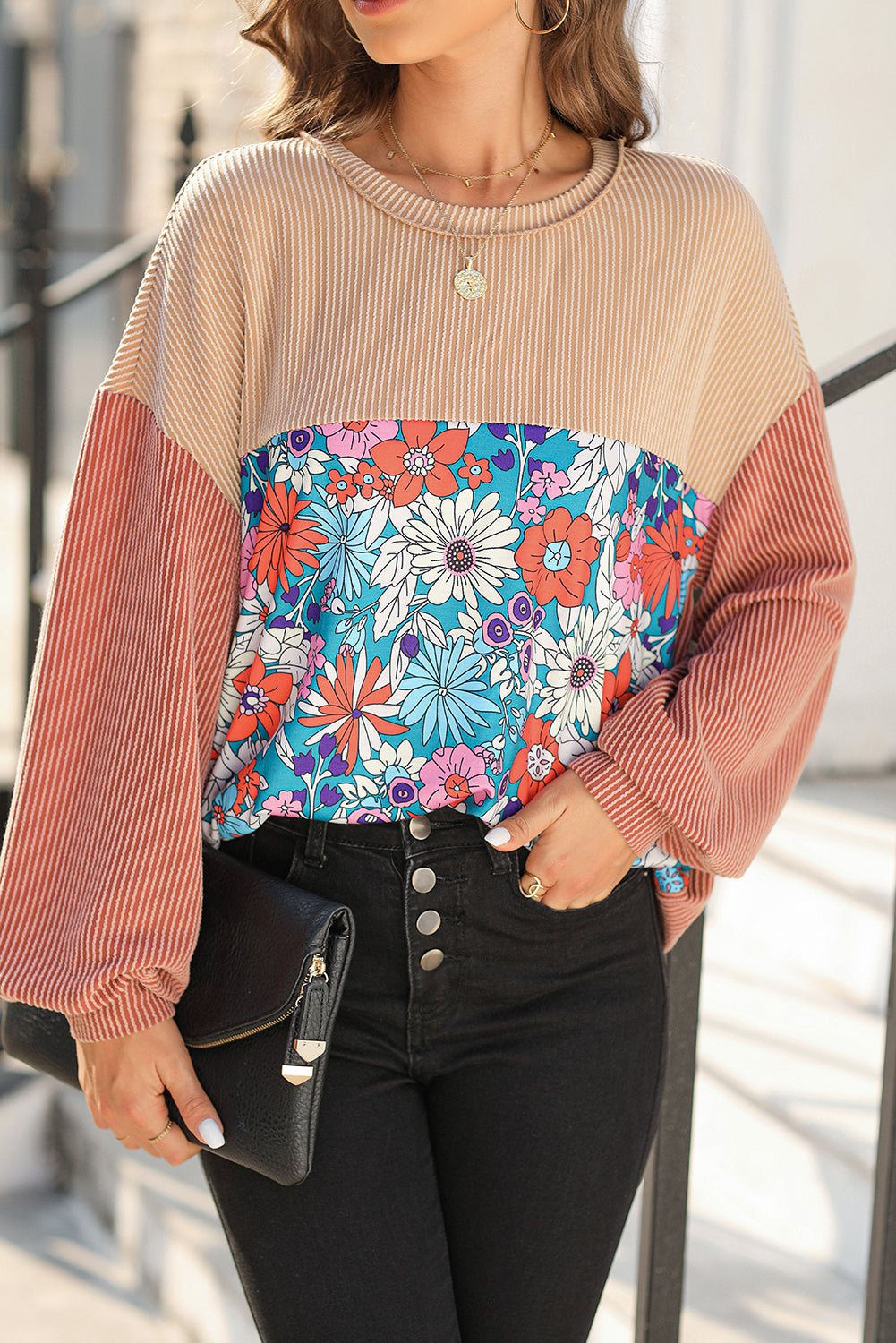 Printed Floral Contrast Colorblock Ribbed Top