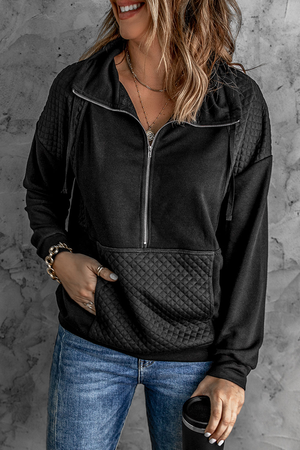 Black Quilted Patch Half Zipper Sweatshirt