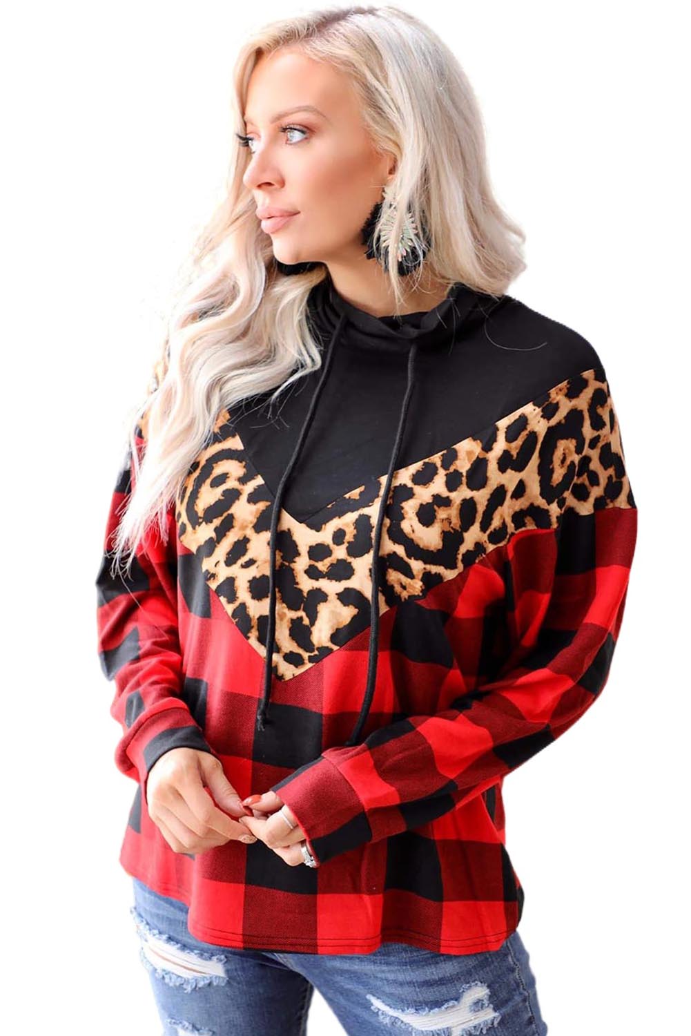 Fiery Red Chevron Plaid Leopard Patchwork Turtleneck Sweatshirt