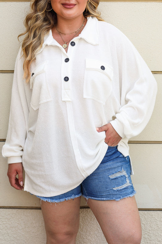 White Plus Size Long Sleeve Flap Pocket Henley Top