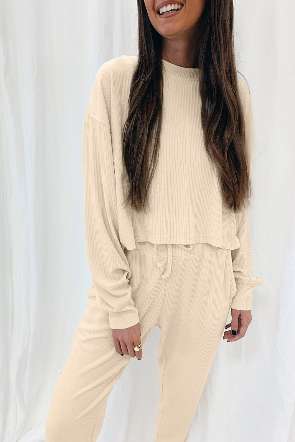 Apricot Ribbed Long Sleeve Drawstring Pants Set