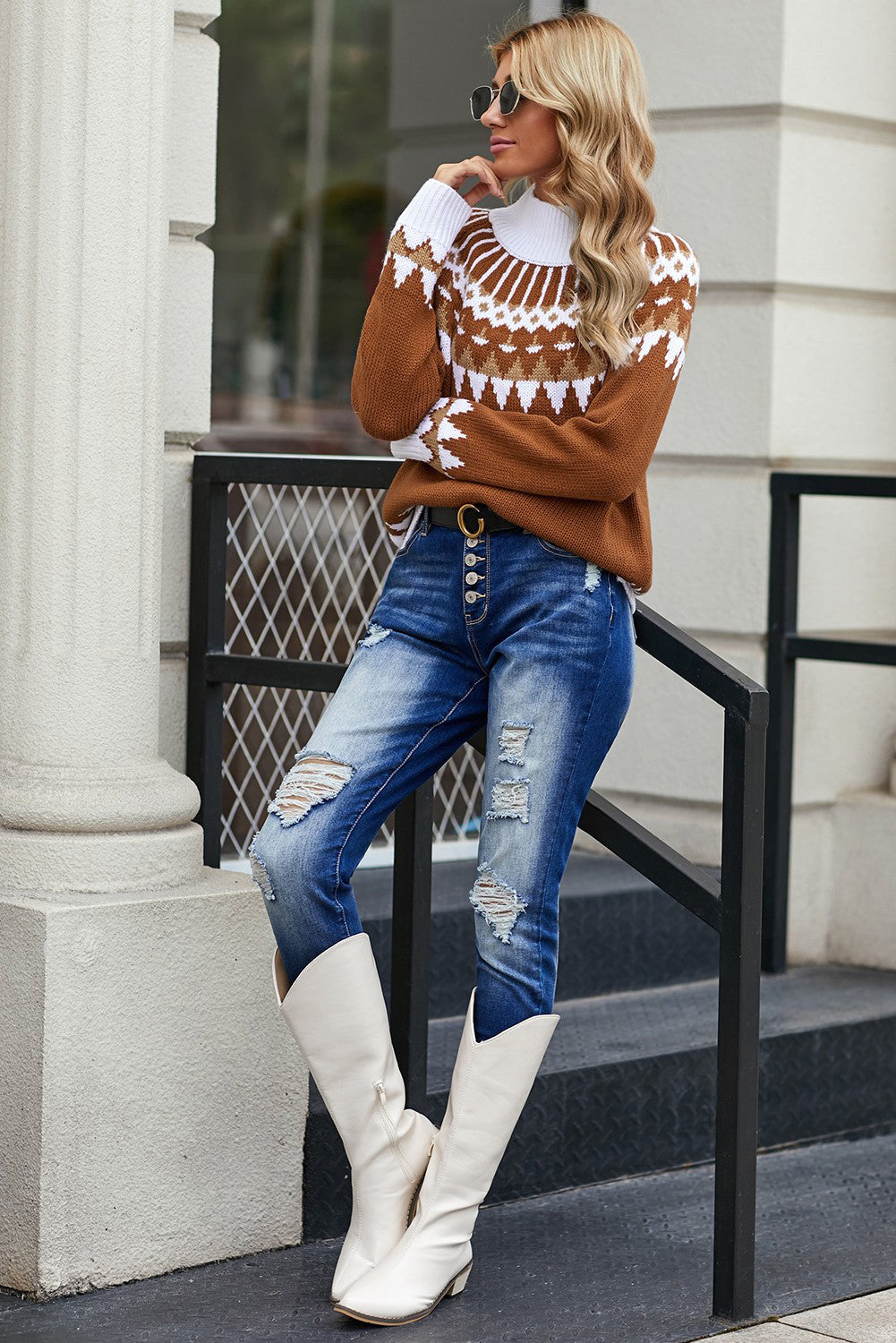 Apricot High Neck Printed Knit Sweater