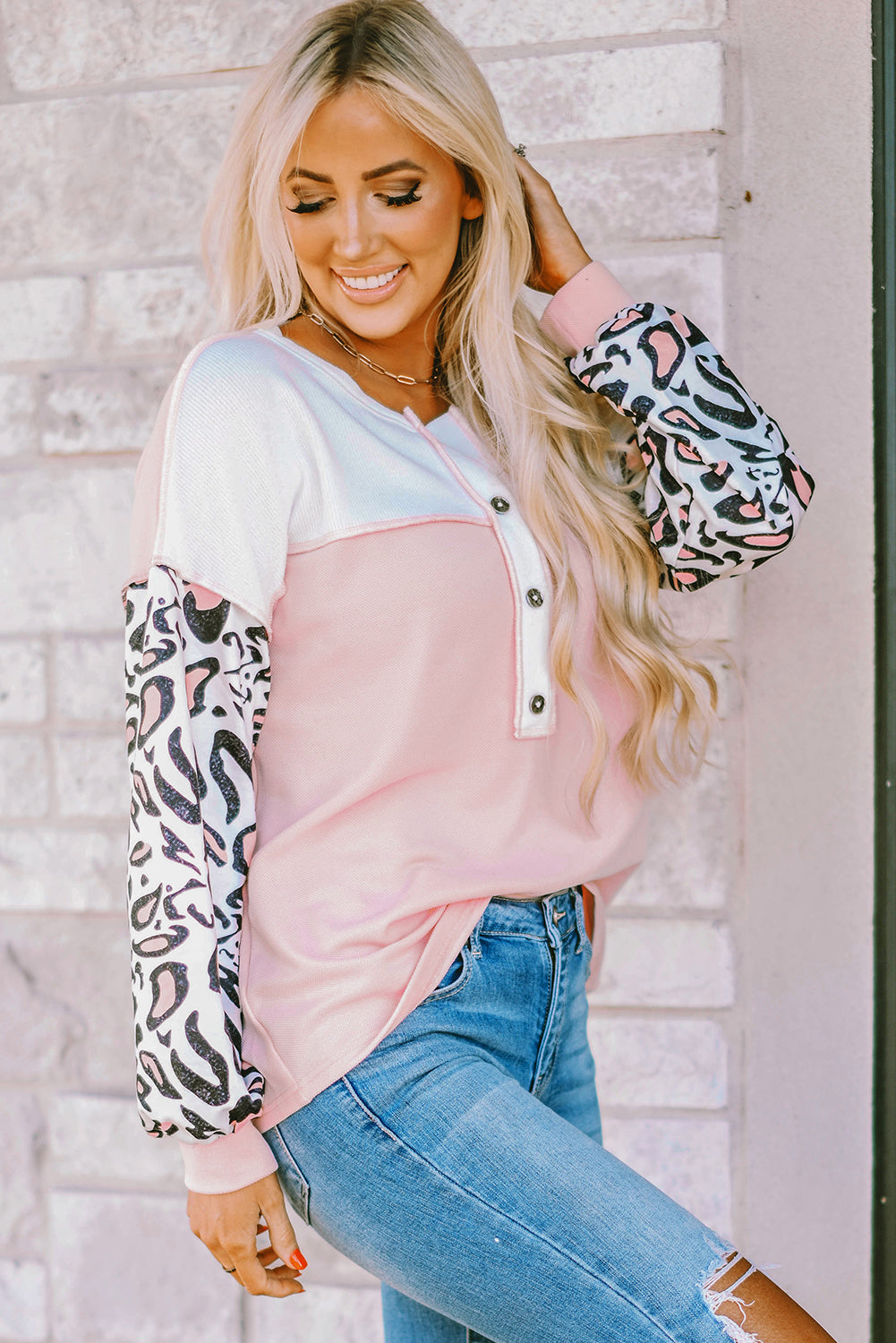 Pink Leopard Sleeve Patchwork Waffle Knit Top