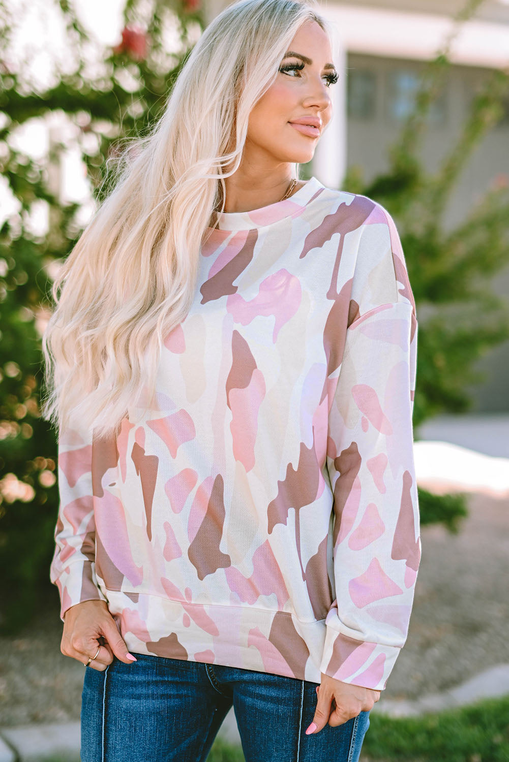 Pink Geometric Print Crewneck Pullover Sweatshirt