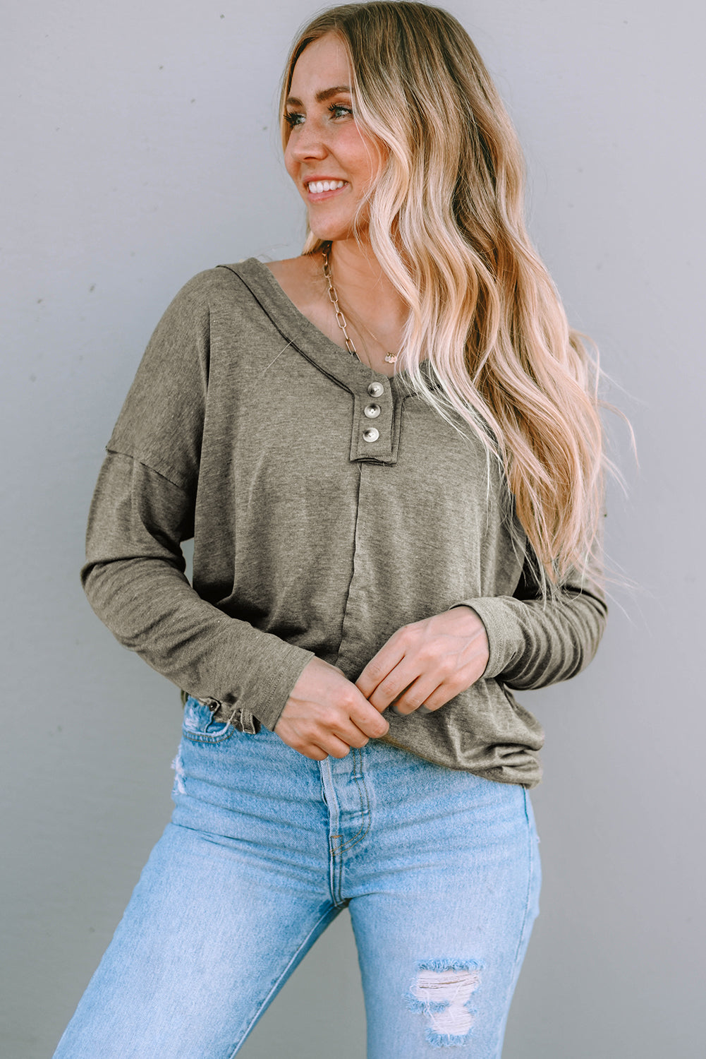 Khaki Long Sleeve V-Neck Stitching Henley Top