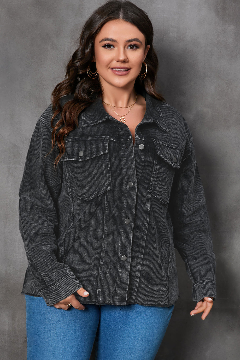 Gray Plus Size Flap Pocket Raw Edge Corduroy Jacket