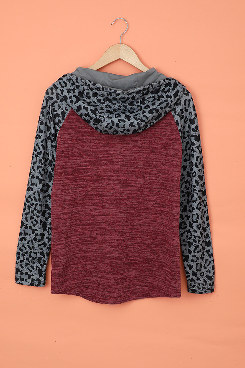 Color Block Leopard Long Sleeves Wine Hoodie