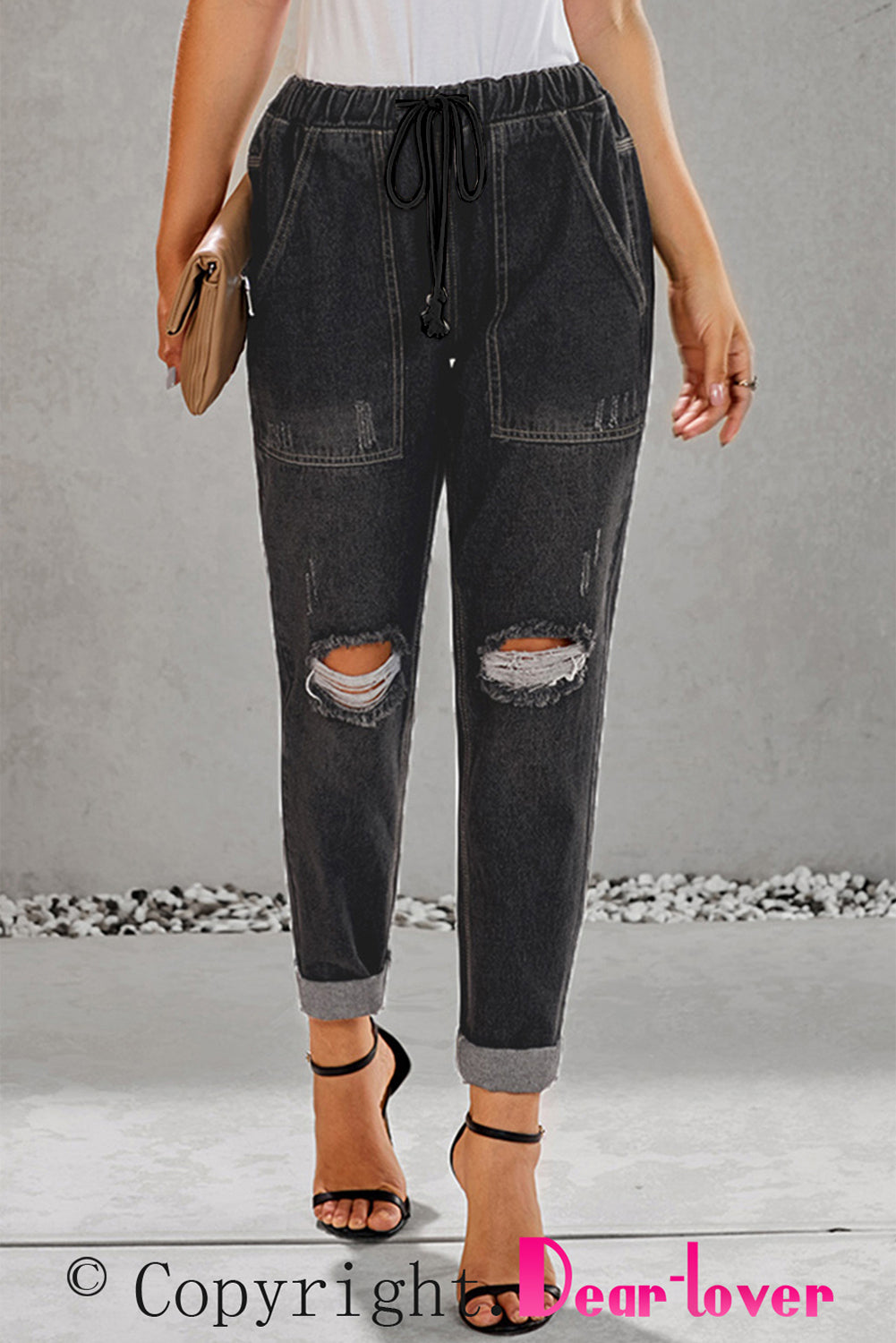 Black Gather Round Distressed Pocketed Denim Jogger