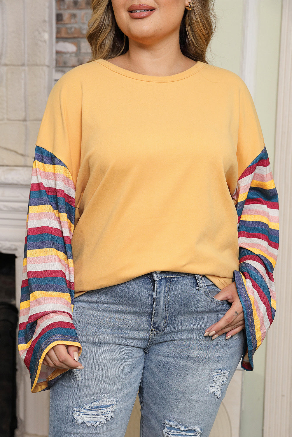 Yellow Serape Striped Bell Sleeve Plus Size Top