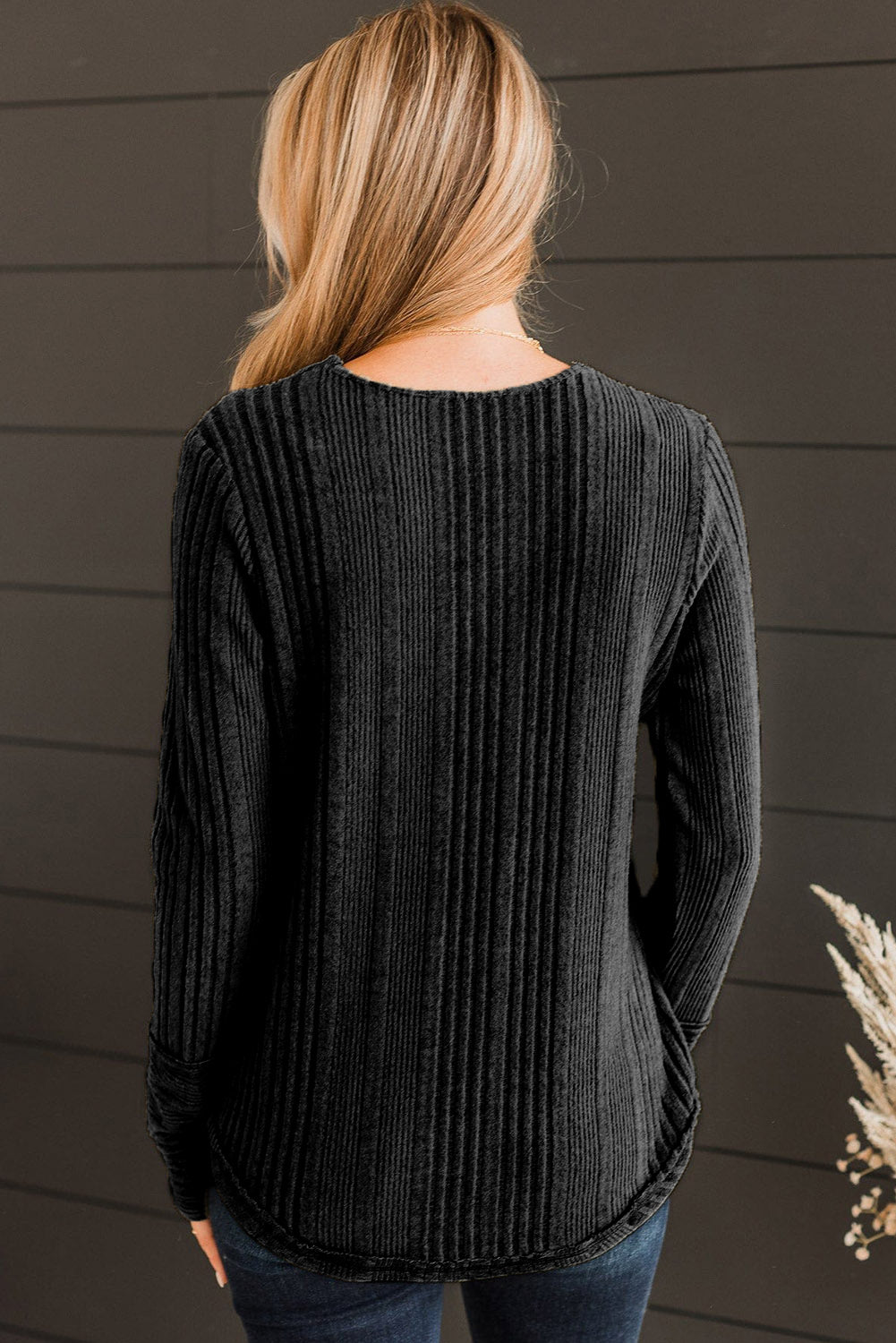 Black V Neck Buttoned Ribbed Knit Top