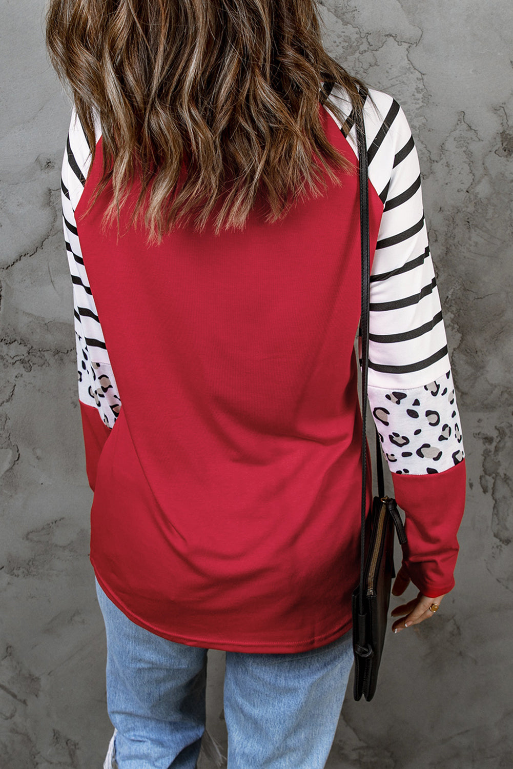 Red Striped Animal Print Colorblock Long Sleeve Top