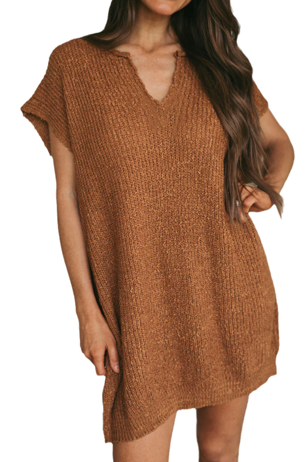 Camel Solid Color Short Sleeve Notched V Neck Sweater Dress