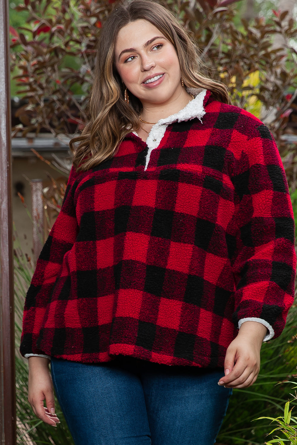 Fiery Red Plus Size Buffalo Plaid Sherpa Henley Sweatshirt