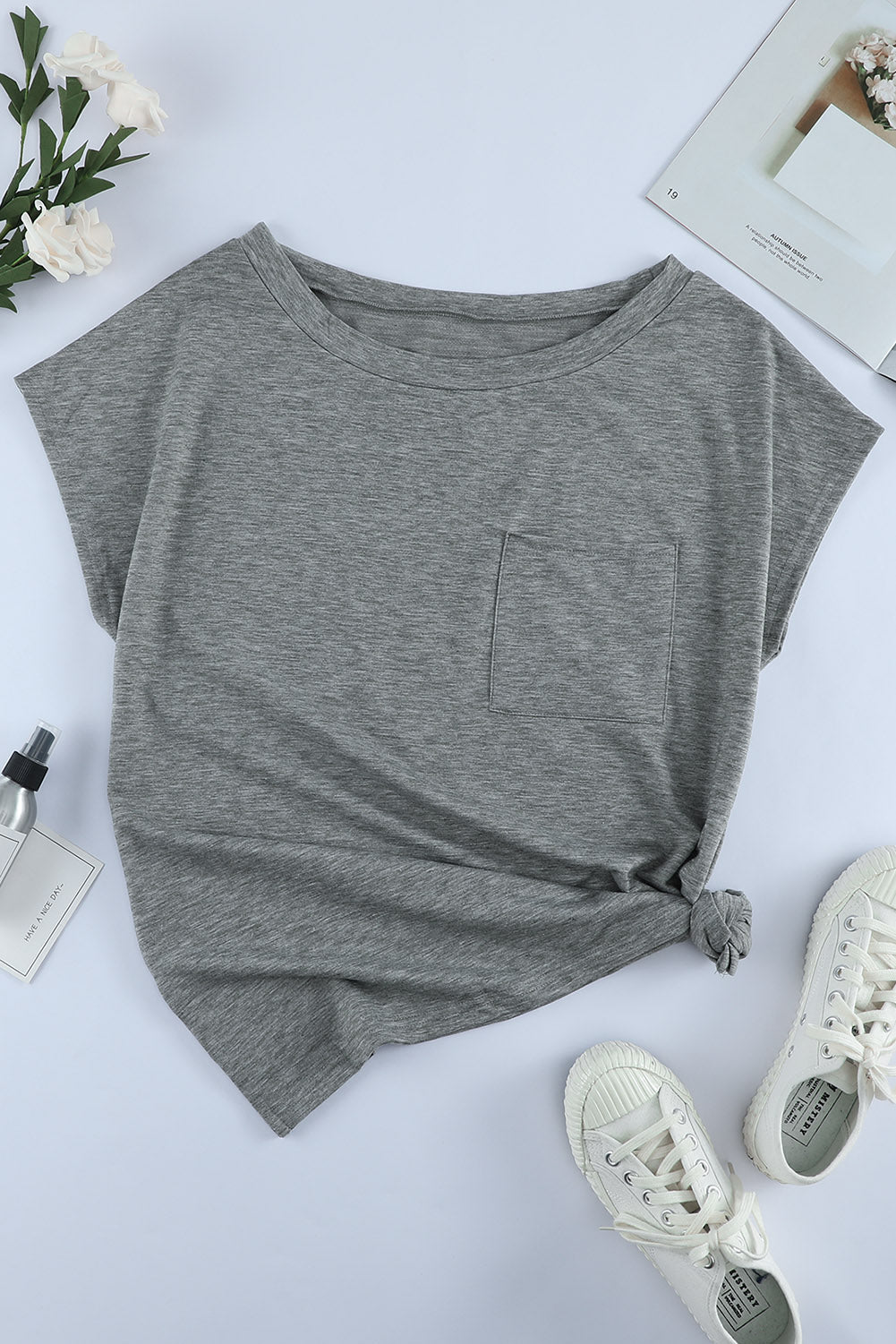 Gray Pocketed Tee with Side Slits