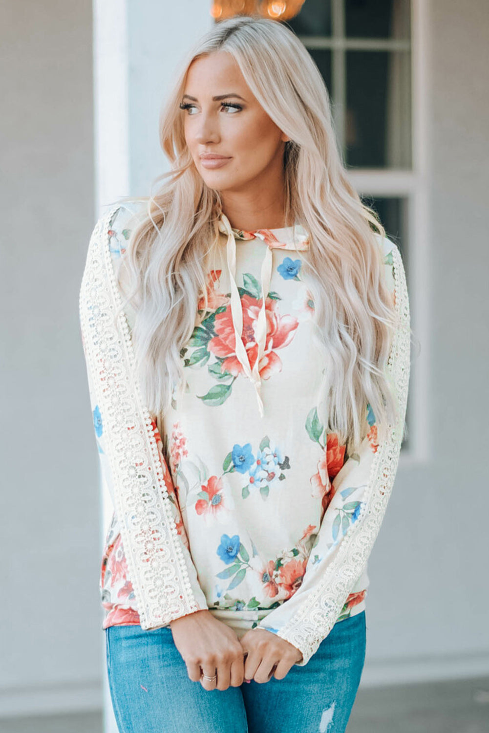 Apricot Floral Print Lace Contrast Long Sleeve Hoodie