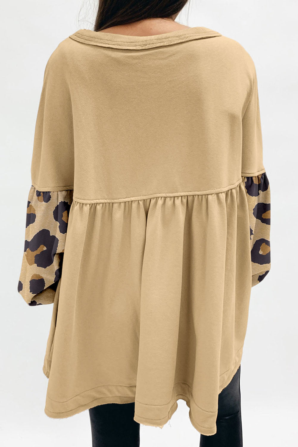 Khaki Leopard Splicing Sleeve Ruffle Loose Sweatshirt