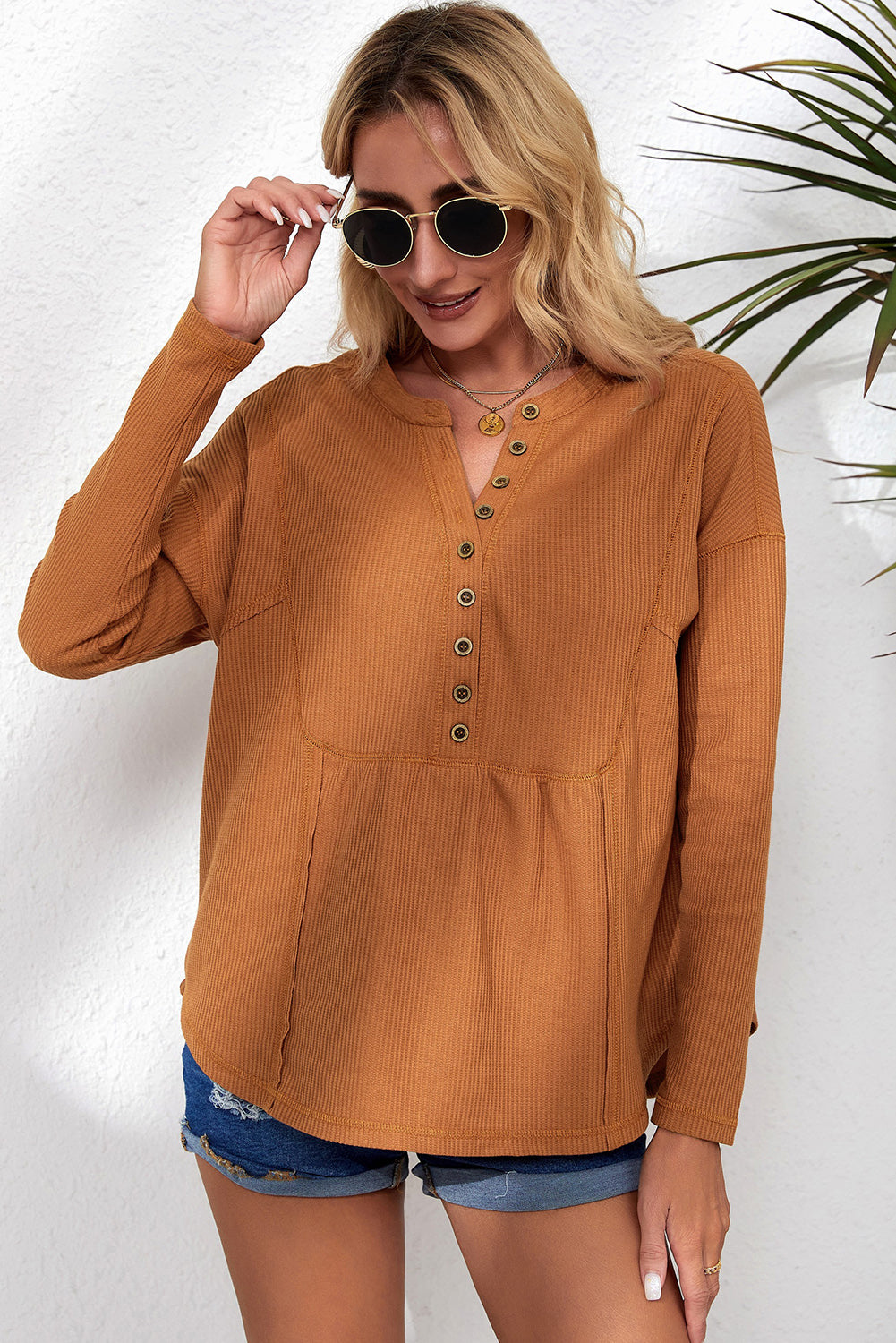 Brown Waffle Knit Half Button Henley Top