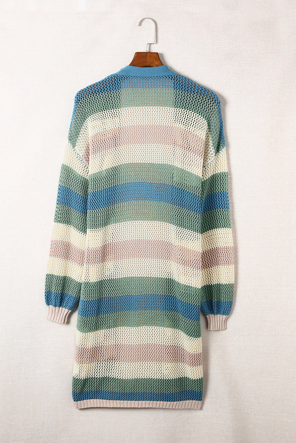 Green Striped Color Block Hollowed Knit Cardigan