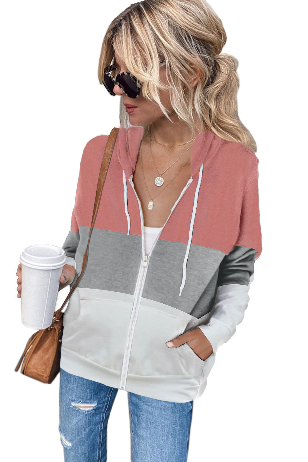 Pink Zip Front Color Block Splicing Drawstring Hoodie