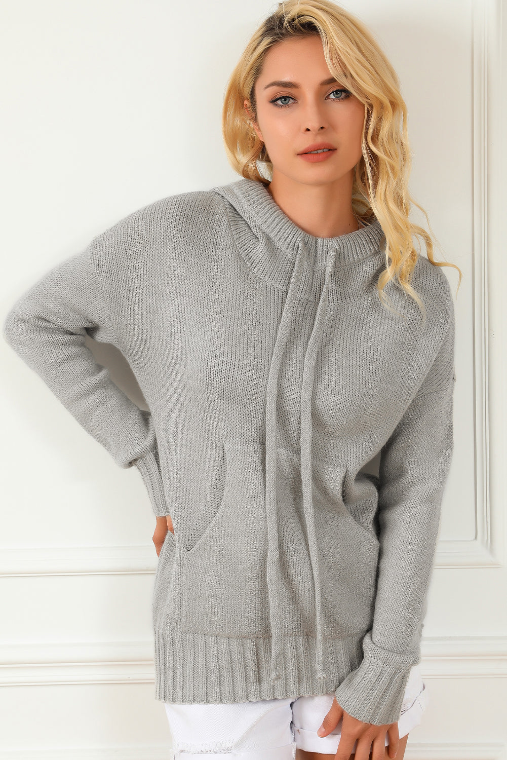 Gray Cowl Neck Drawstring Pullover Hooded Sweater