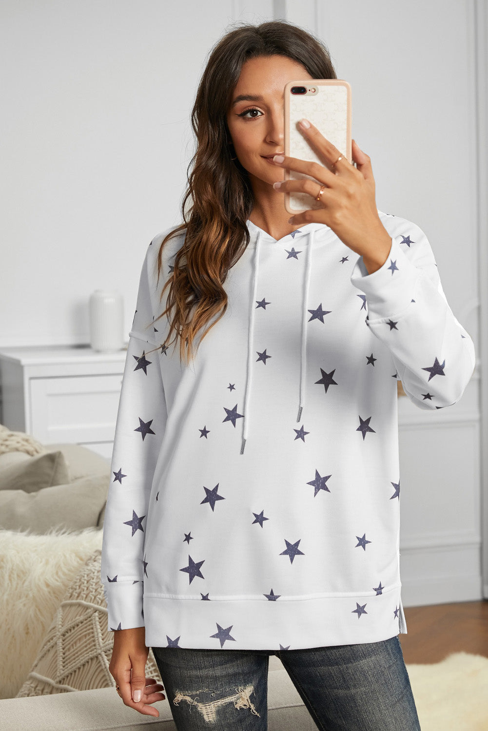 White Star Print Hoodie with Side Slits