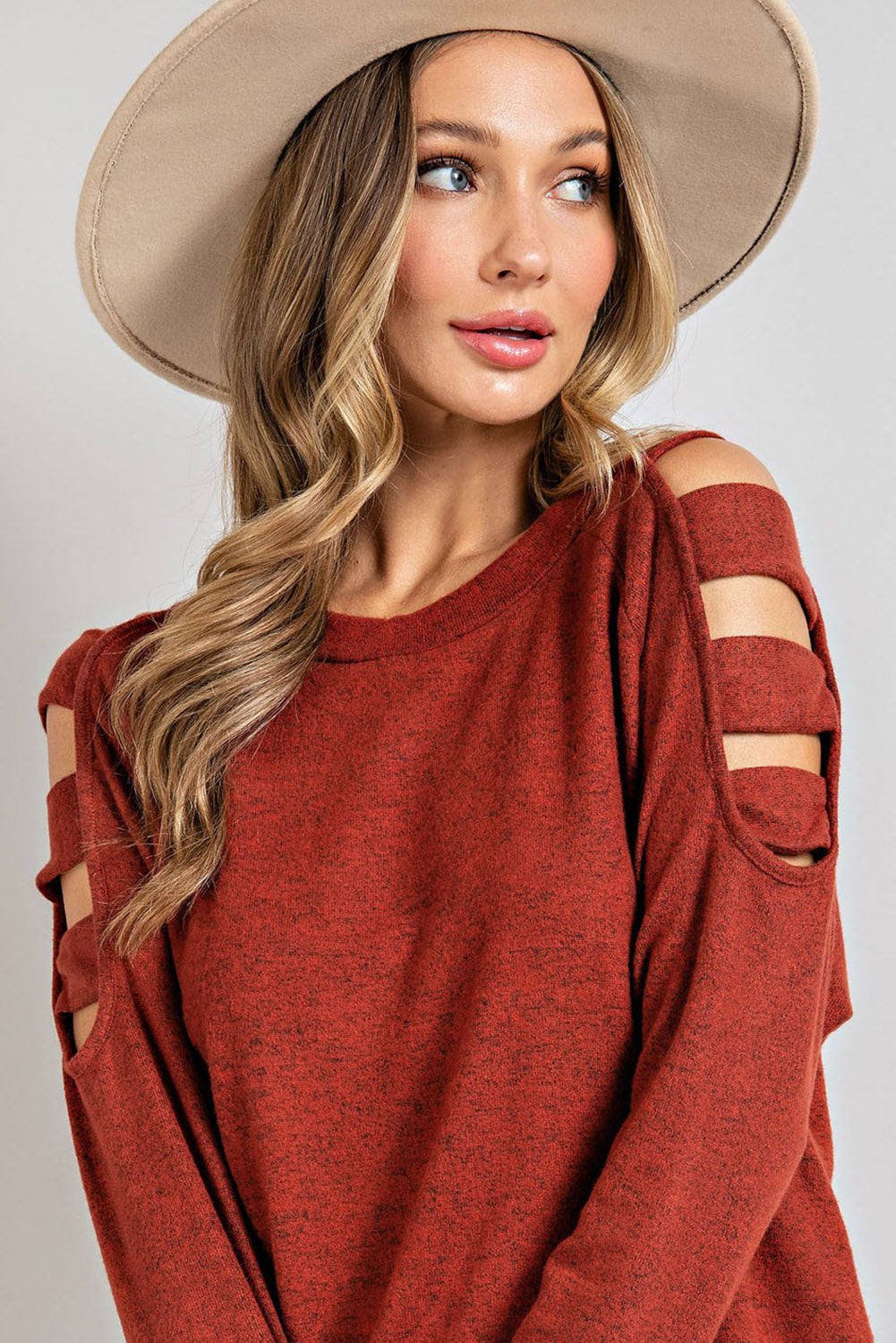 Orange Cutout Cold Shoulder Long Sleeve Top