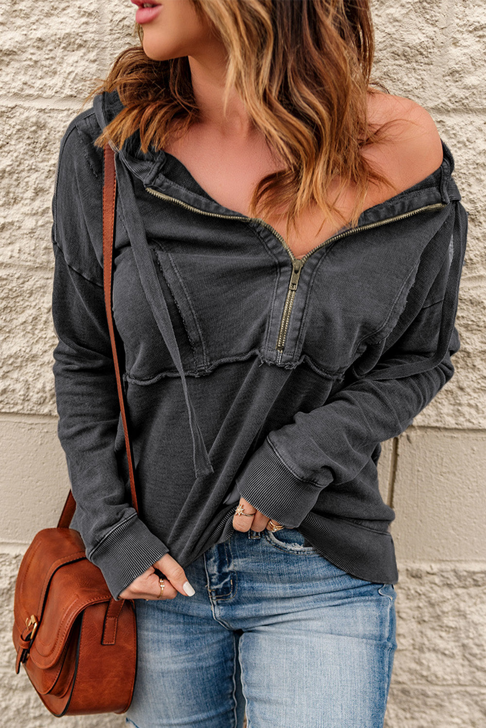 Gray Zipped Front Stitching Hooded Sweatshirt