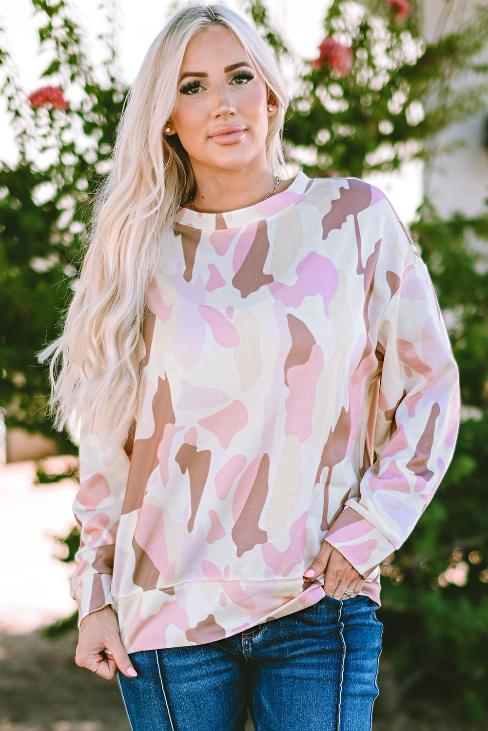 Pink Geometric Print Crewneck Pullover Sweatshirt