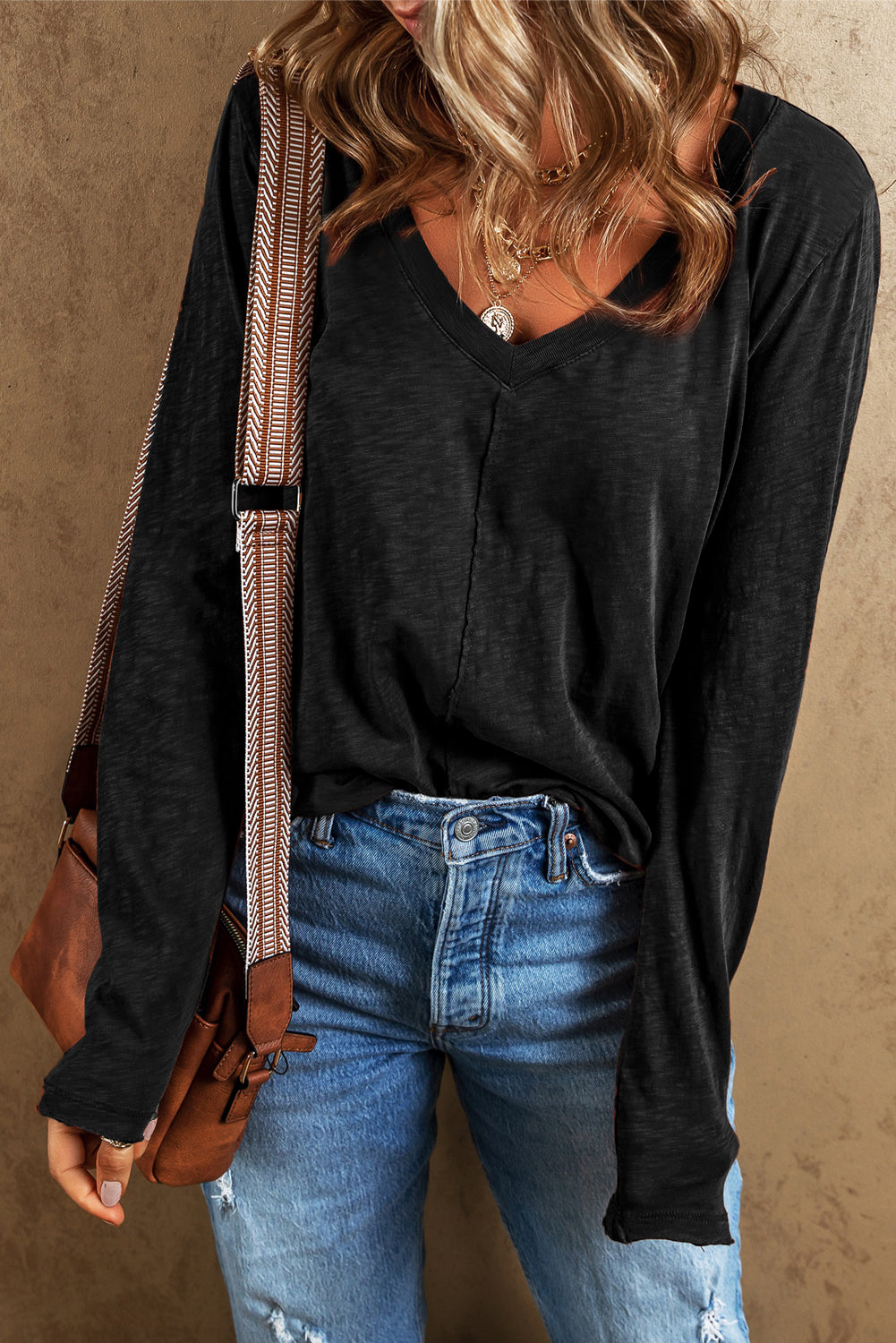 Black V Neck Center Seam Long Sleeve Tee