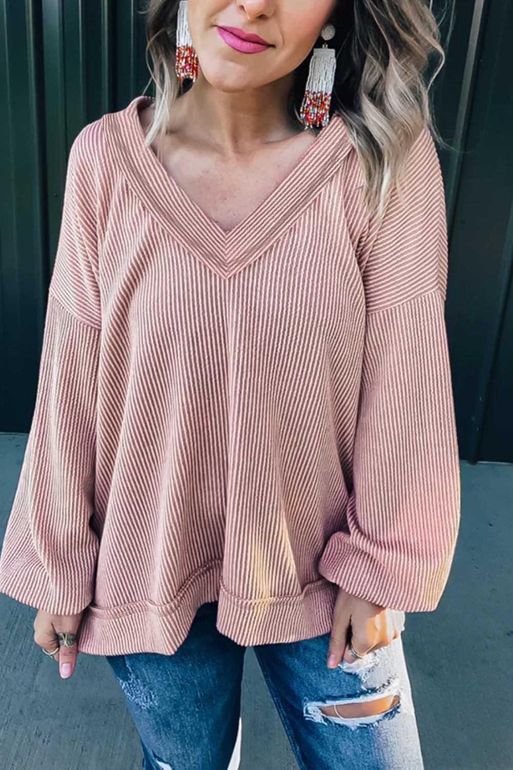 Peach Blossom Loose V Neck Bubble Sleeve Knit Ribbed Top