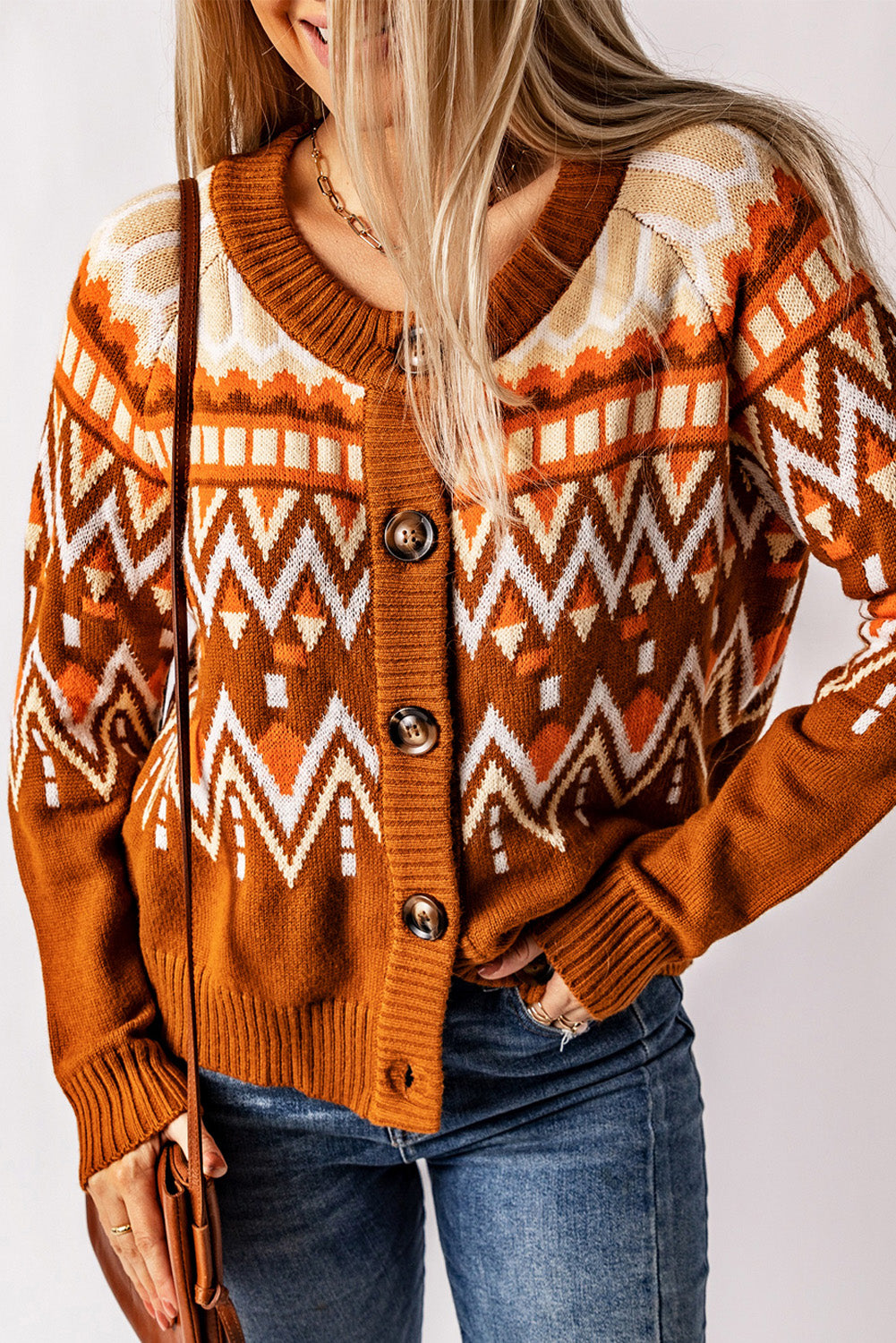 Brown Geometric Pattern Buttoned Knit Cardigan