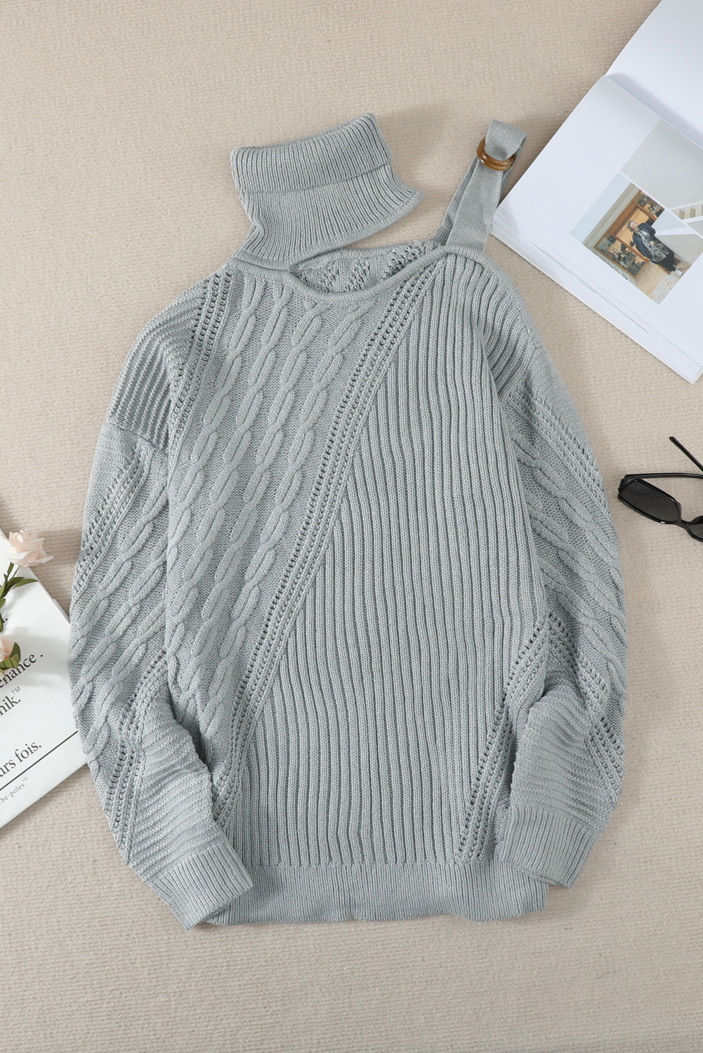 Gray Strapped Cut out Shoulder Turtleneck Sweater