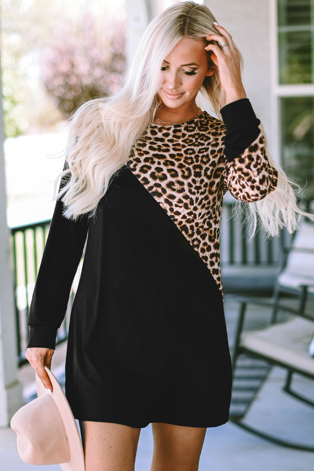 Black Asymmetric Cold Shoulder Leopard Colorblock Mini Dress