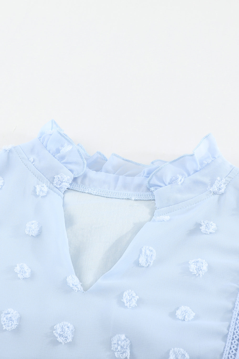 Blue Ruffled Split Neck Lace Hollow Out Puff Sleeve Polka Dot Blouse