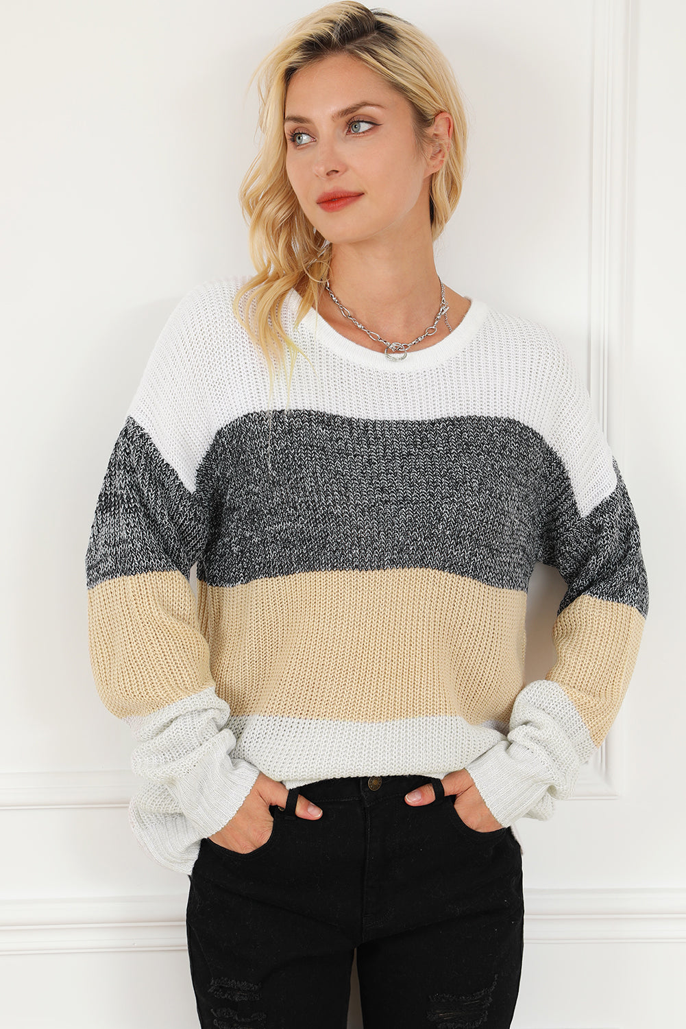 Multicolour Color Block Drop Shoulder Knit Sweater