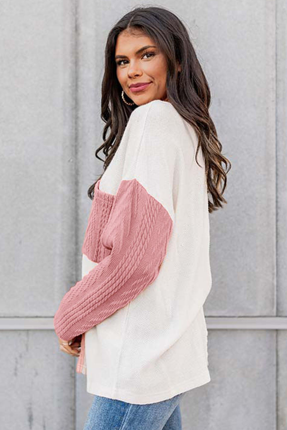 Peach Blossom Long Sleeve Colorblock Chest Pocket Textured Knit Top