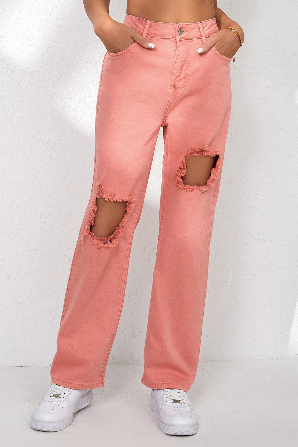 Pink High Waist Ripped Straight Leg Pocket Jeans