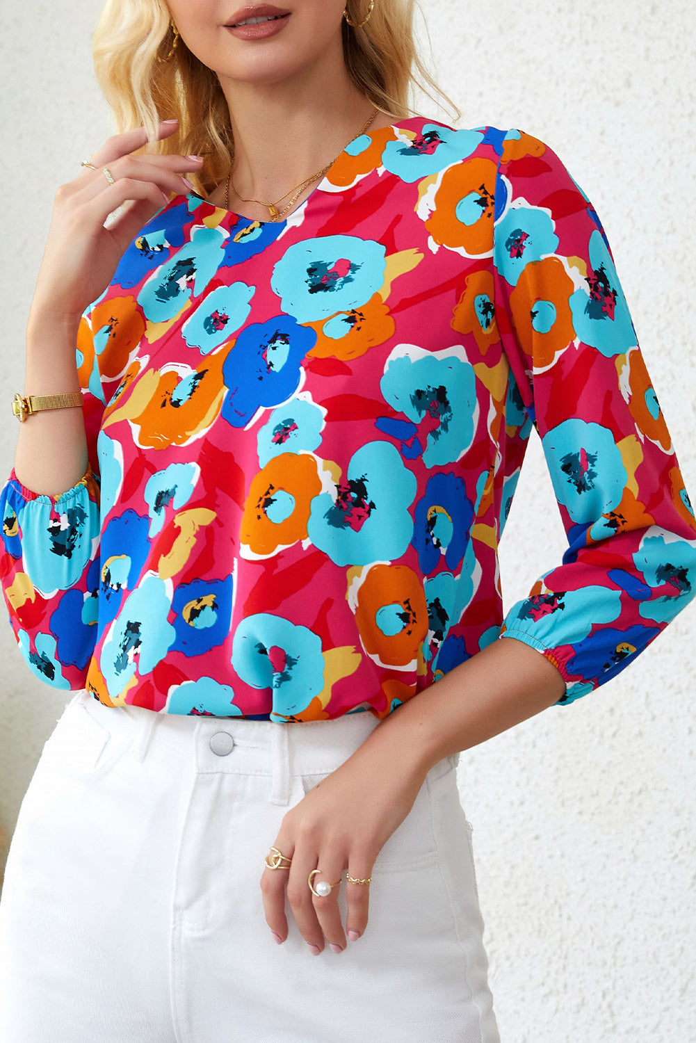 Rose Multicolor Floral Print V Neck 3/4 Sleeve Blouse