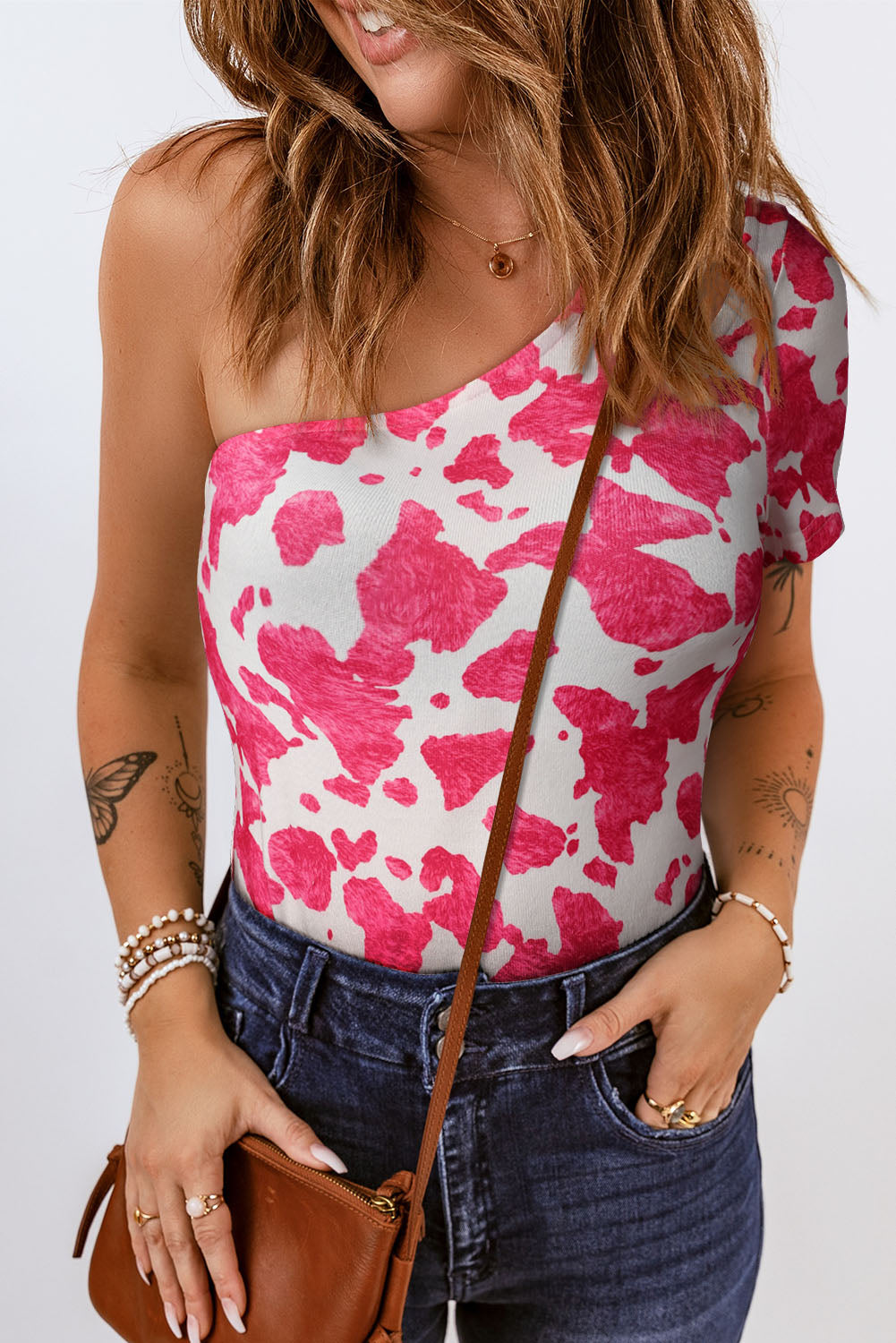 Pink One Shoulder Cow Print Cut out Short Sleeve Top