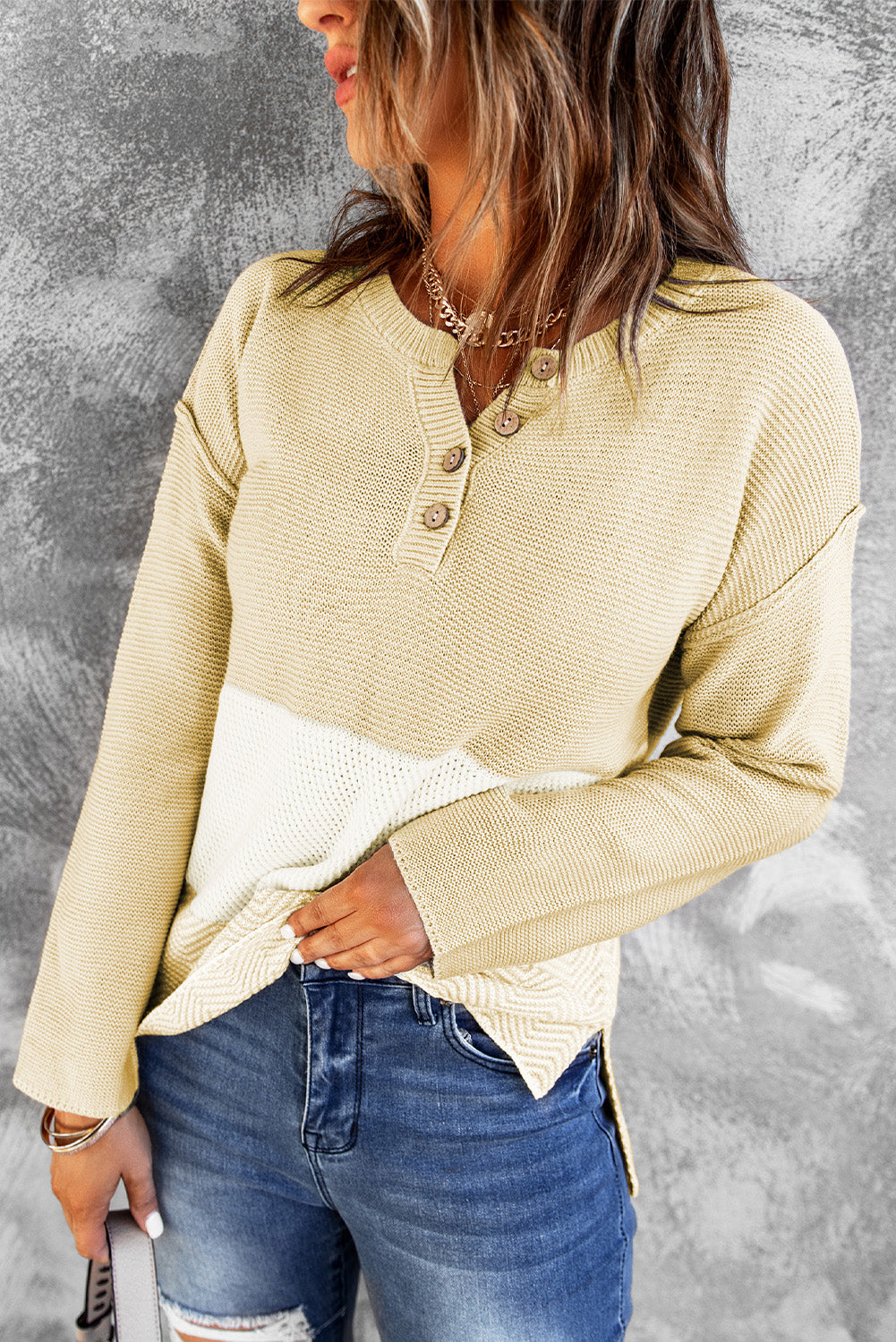 Khaki Splicing Buttoned Knitted Long Sleeve Sweater