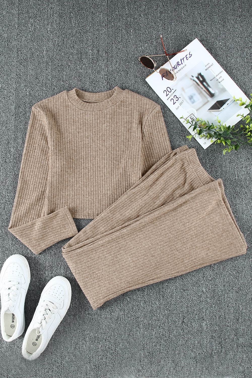 Ribbed Knit Long Sleeve Crop Top and Pants Two Piece Set