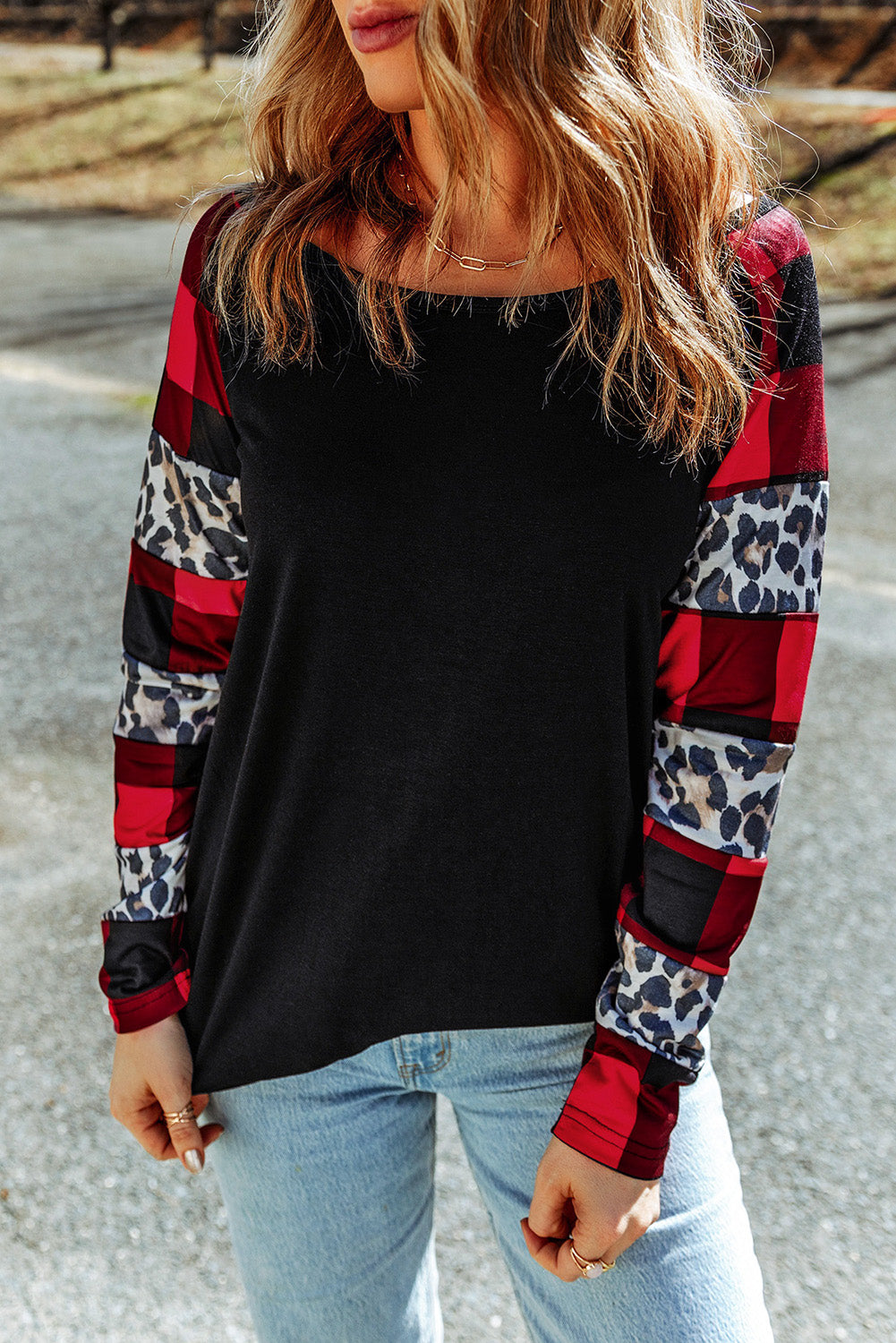 Black Off Shoulder Plaid&Leopard Print Long Sleeve Top